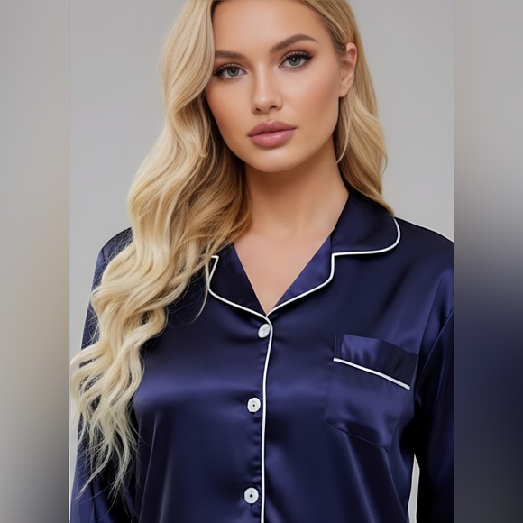 Lapel Collar Satin PJ Set / Pyjama Set Navy Blue - Picture 2 of 6